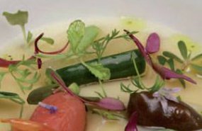 Tres vegetales sobre crema de arroz